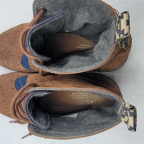 Toms Brogue Boots Mens 9 Vibram Soles Chestnut Brown Leather Navy Herringbone main image 5